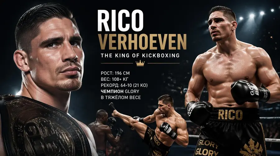 Инфографика: Рико Верхувен — рост 196 см, вес 108+ кг, рекорд 64-10 в кикбоксинге